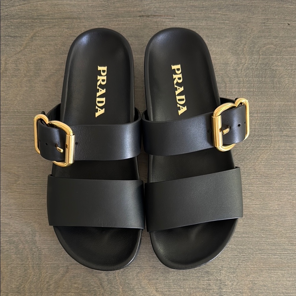 New Prada Women’s Black Sandals with Gold Buckles Size Size 36.5